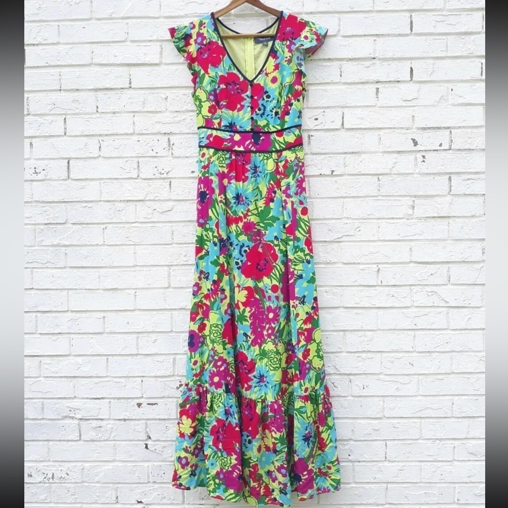 Modcloth 'Eyes On You' Maxi Dress Multicolor Floral Flutter Sleeve Size Medium - Picture 5 of 11